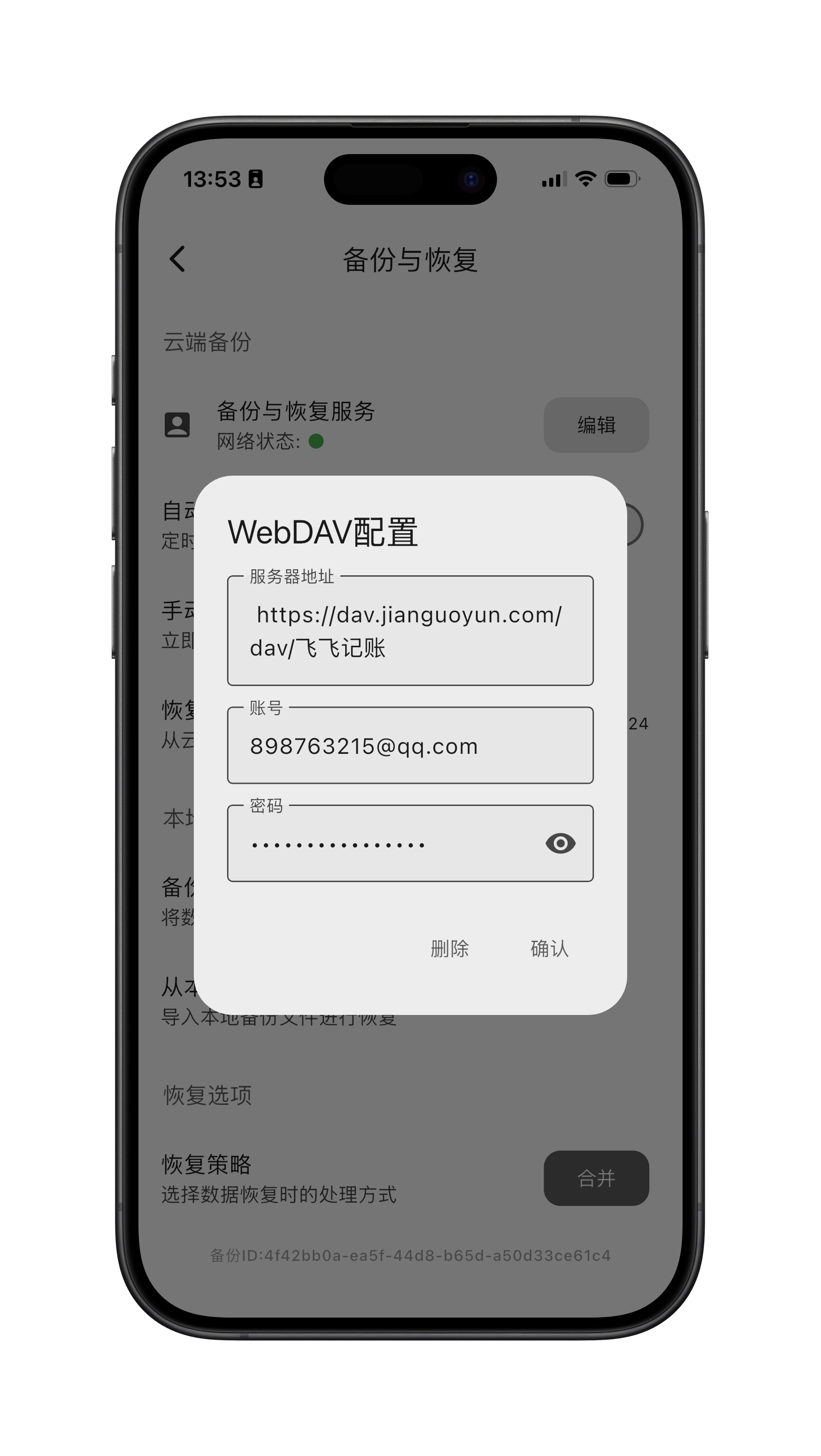 飞飞记账远程备份配置页面